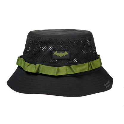 Black bucket hat with green band and dc comics Batman logo Mesh Bucket Hat available at chimploot.com