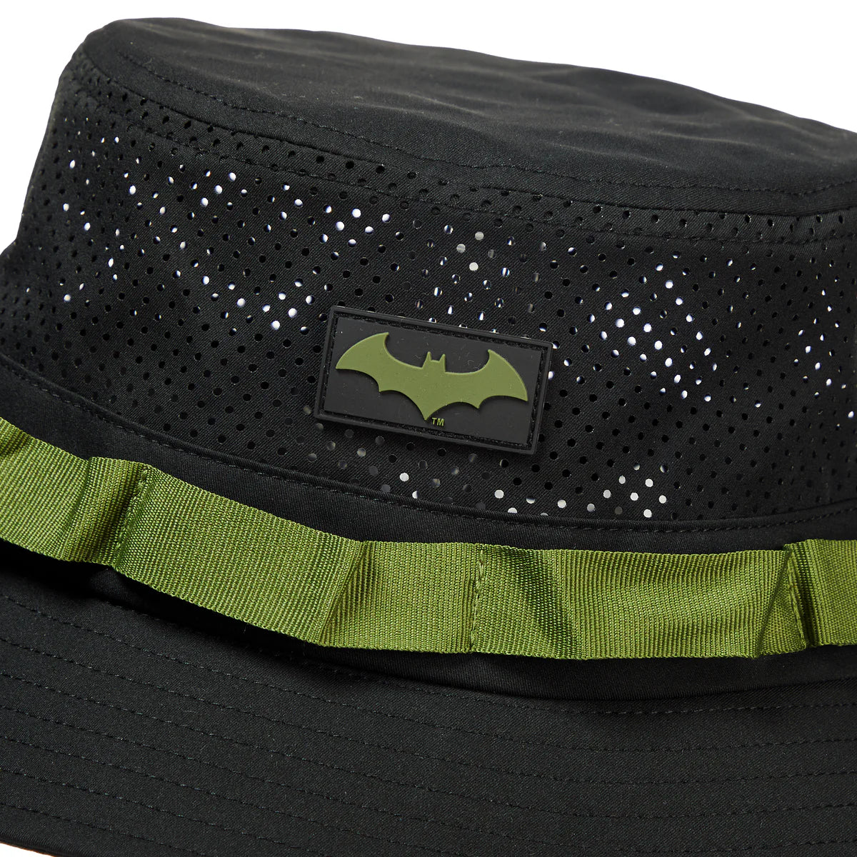 Black bucket hat with green band and dc comics Batman logo Mesh Bucket Hat available at chimploot.com