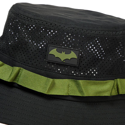 Black bucket hat with green band and dc comics Batman logo Mesh Bucket Hat available at chimploot.com