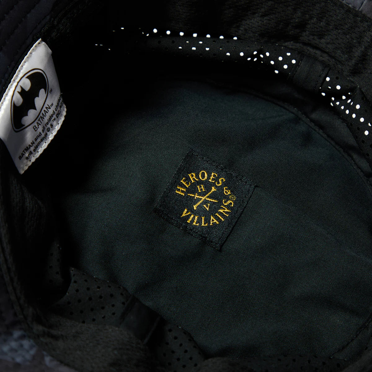 Black bucket hat with green band and dc comics Batman logo Mesh Bucket Hat available at chimploot.com