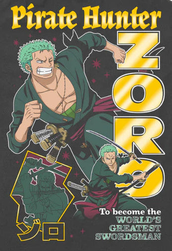 T-shirt design featuring a character with green hair and a sword, with text 'Pirate Hunter Zoro' and 'To become the world's greatest swordsman'.