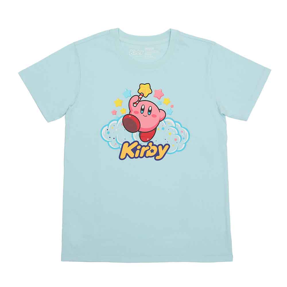 Light blue t-shirt with Kirby graphic on a white background