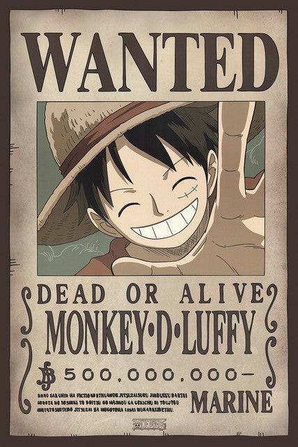 Wanted poster for Monkey D. Luffy from One Piece anime with a smiling character wearing a straw hat.