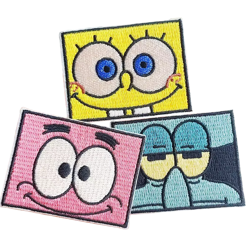 Three cartoon character patches featurinng spongebob squarepants, patrick star and squidward, on a white background