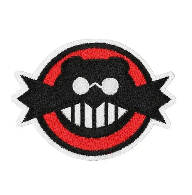 Dr. Robotnik "Dr. Eggman" Iron-on Patch Circular patch with a black and white face design on a red background