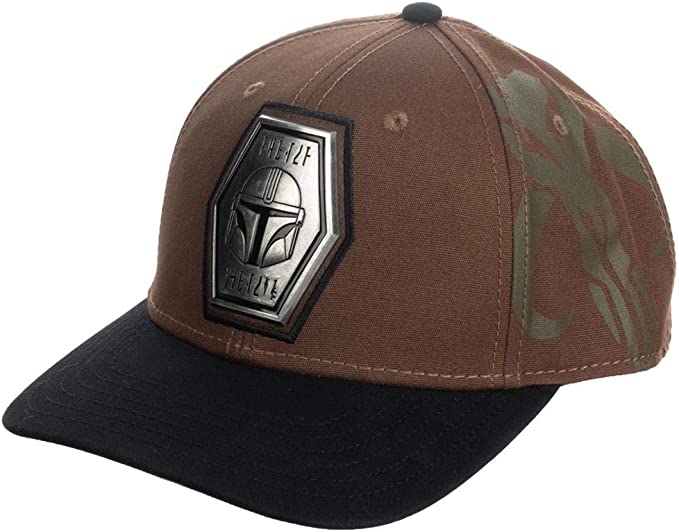 Brown and black Star Wars Mandalorian Grogu Pre-Curved Snapback Hat cap on a white background