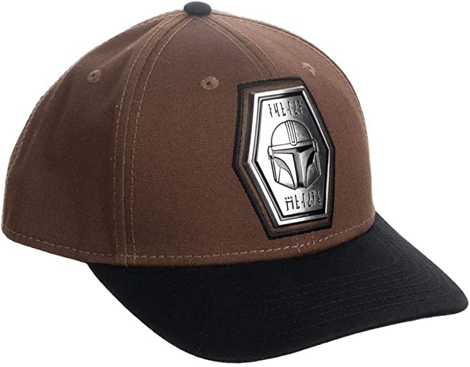 Brown and black Star Wars Mandalorian Grogu Pre-Curved Snapback Hat cap on a white background