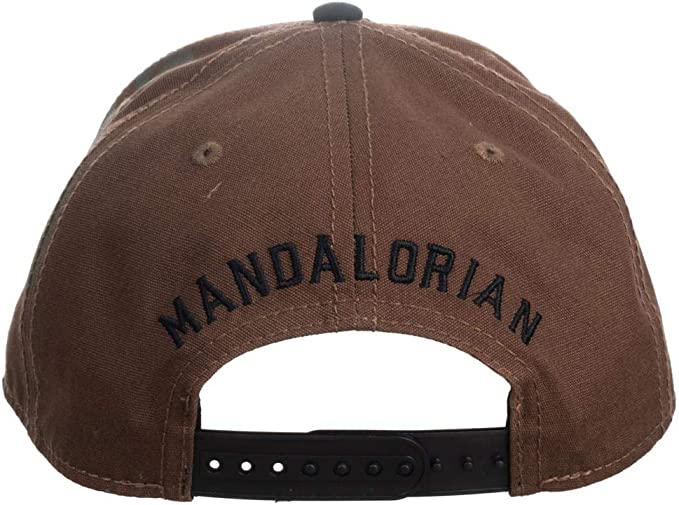 Brown and black Star Wars Mandalorian Grogu Pre-Curved Snapback Hat cap on a white background