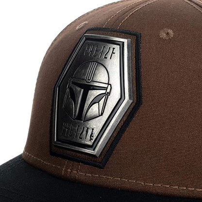 Brown and black Star Wars Mandalorian Grogu Pre-Curved Snapback Hat cap on a white background