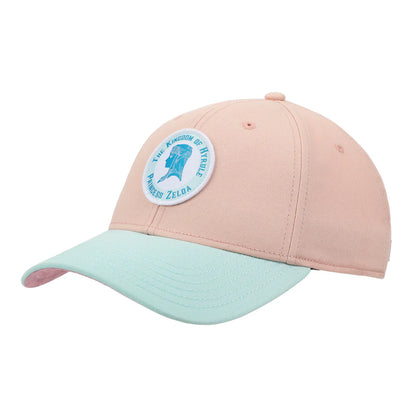 Pink and light blue cap with The Legend Of Zelda Princess Zelda Patch circular emblem on a white background