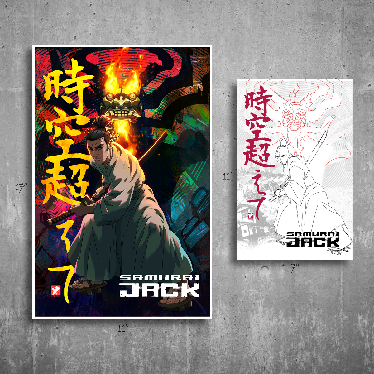 Samurai Jack and aku character print and bonus sketch in a dynamic pose with colorful background and text