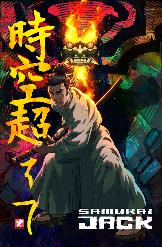 Samurai Jack and aku character print in a dynamic pose with colorful background and text