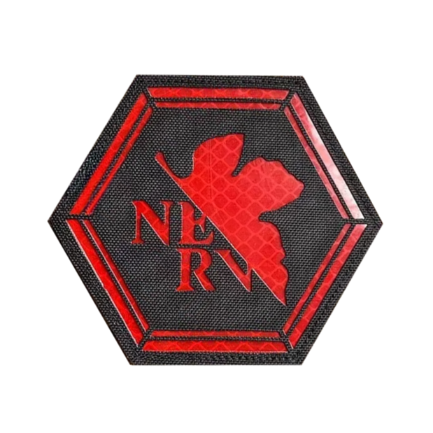 Hexagonal Evangelion NERV logo Reflective Hook & Loop Patch with red 'NERV' logo on a black background