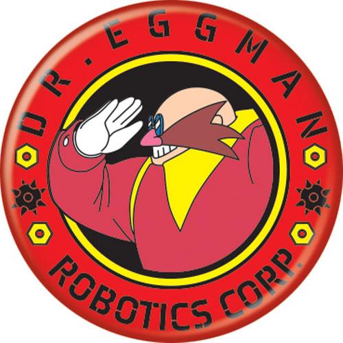 A round pinback button badge featuring Dr. Eggman from Sonic Prime.