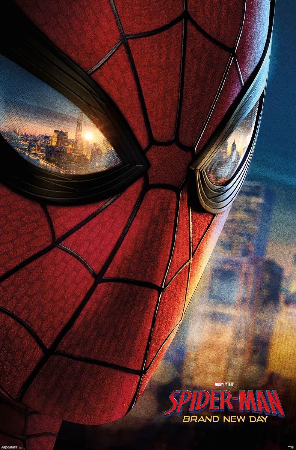 Spider-Man movie poster close-up featuring the red and blue mask with black web lines, eye reflections of a city skyline, and the title 'Spider-Man Brand New Day' at the bottom.