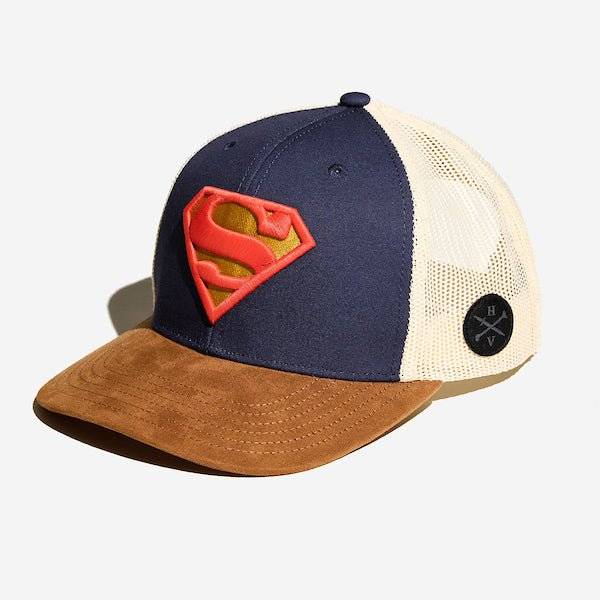 Superman logo cap with navy blue, beige, and brown colors on a white background dc comics Superman S-Shield Logo Canvas Trucker Hat available at chimploot.com