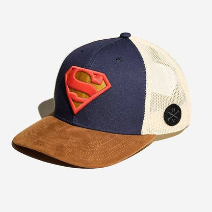 Superman logo cap with navy blue, beige, and brown colors on a white background dc comics Superman S-Shield Logo Canvas Trucker Hat available at chimploot.com