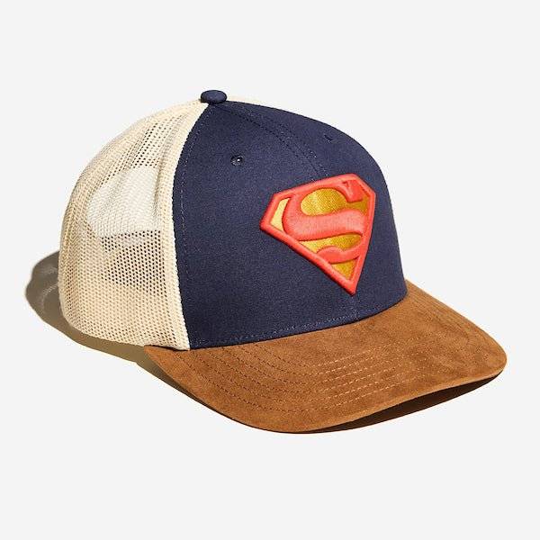 Superman logo cap with navy blue, beige, and brown colors on a white background dc comics Superman S-Shield Logo Canvas Trucker Hat available at chimploot.com