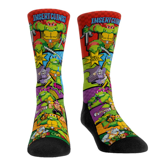 Colorful socks with video game Teenage Mutant Ninja Turtles Game Time Crew Socks design on a white background