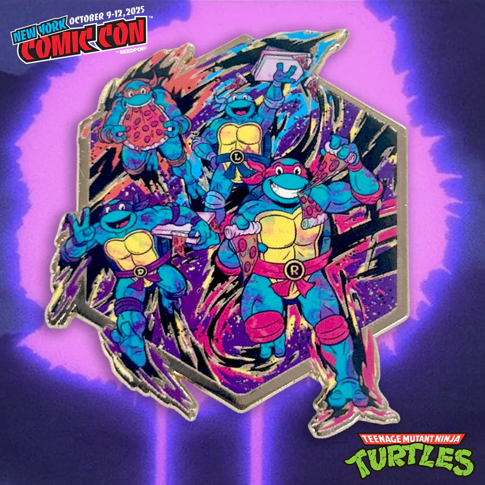 Colorful Teenage Mutant Ninja Turtles pin with New York Comic Con branding on a purple background
