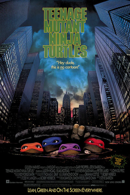 Movie poster for 'Teenage Mutant Ninja Turtles movie' with turtles peeking over a cityscape.