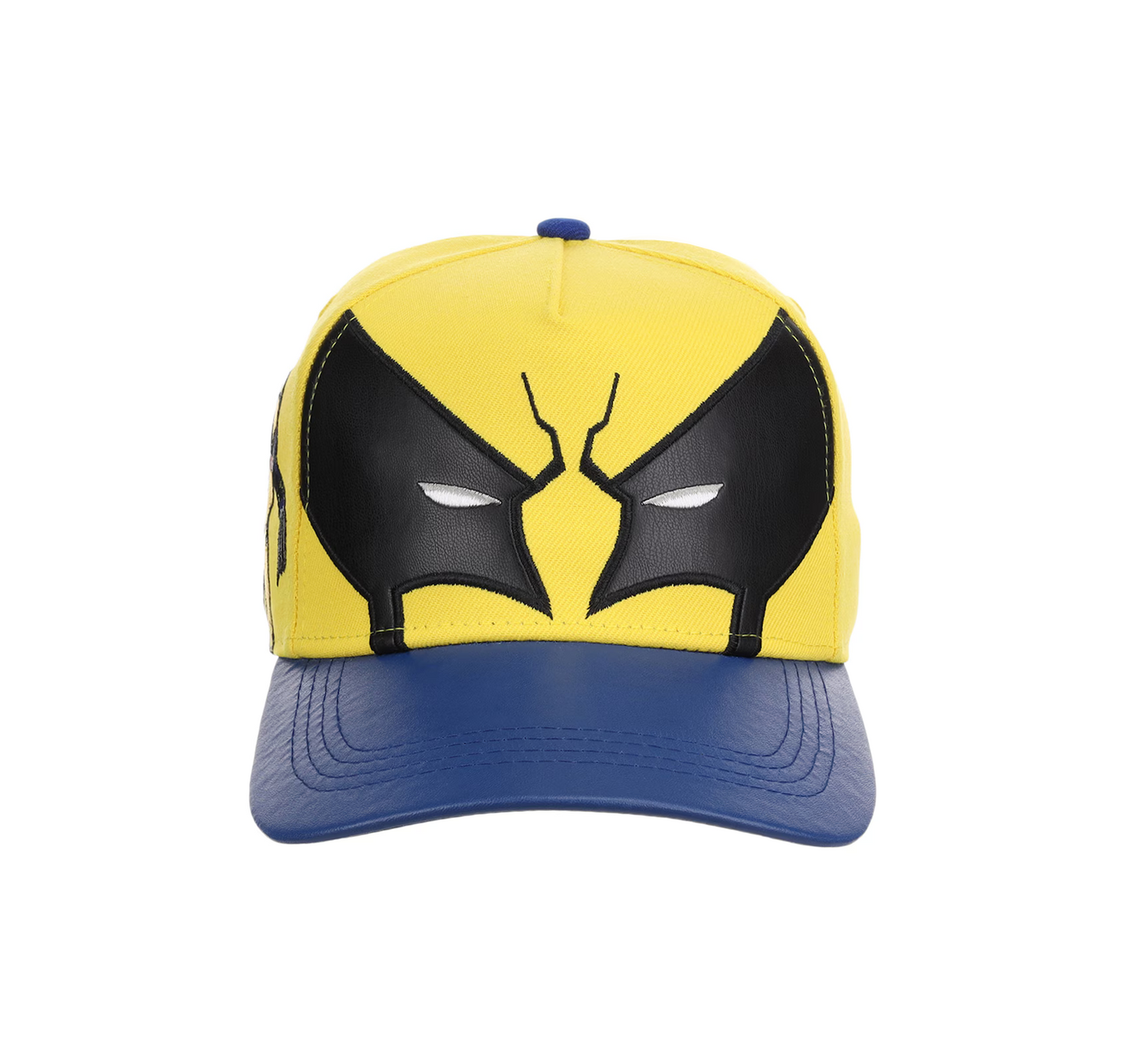 A yellow and blue baseball cap featuring a x-men wolverine black mask design on the front, resembling a superhero wolverine character, shown against a plain white background.