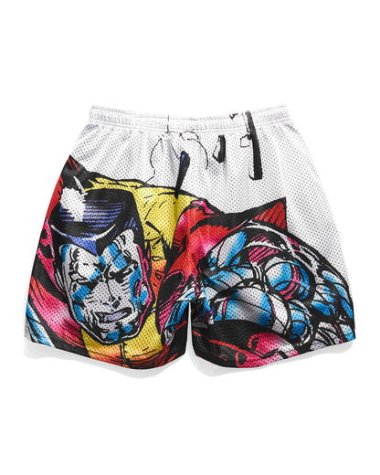 Colorful athletic shorts with Marvel X-men Colossus  graphic design on a white background
