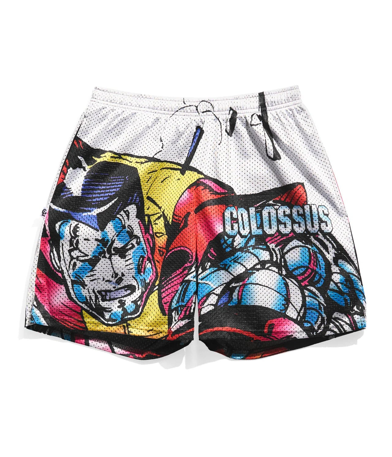 Colorful athletic shorts with Marvel X-men Colossus  graphic design on a white background