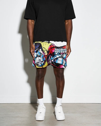 Colorful athletic shorts with Marvel X-men Colossus  graphic design on a white background