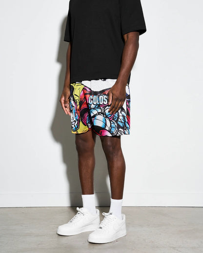 Colorful athletic shorts with Marvel X-men Colossus  graphic design on a white background