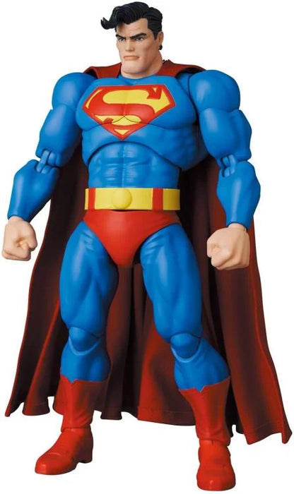 Superman action figure with blue suit, red cape, and yellow belt on a white background. MAFEX No.161 Superman Batman: The Dark Knight Returns available at chimploot.com