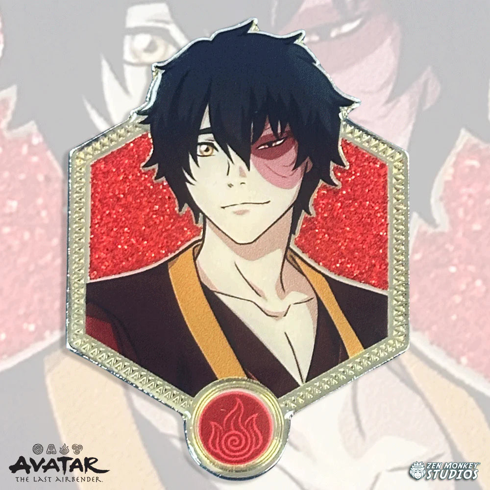 Pin with an anime character in a red and gold frame, featuring the Avatar: The Last Airbender zuko, available for sale at ChimpLoot.com