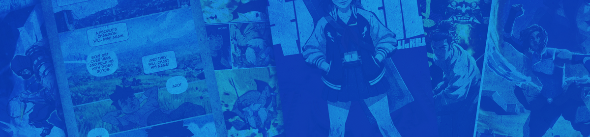 A blue-toned collage of anime-style illustrated panels and character artwork, with a central figure in a dark jacket and shorts and comic-book style panels around her.