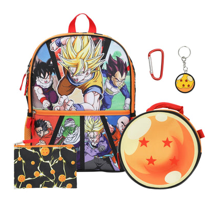 Dragon Ball themed school bag set featuring a main backpack with colorful anime character prints, a round Dragon Ball pouch, a black patterned pencil case, a red carabiner, and a Dragon Ball keychain, all on a white background.