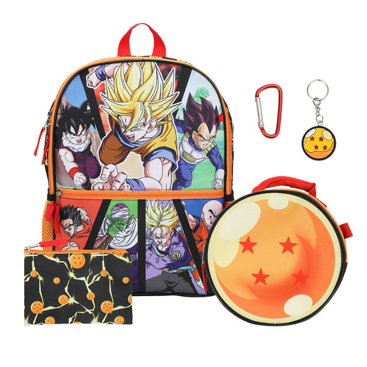 Dragon Ball themed school bag set featuring a main backpack with colorful anime character prints, a round Dragon Ball pouch, a black patterned pencil case, a red carabiner, and a Dragon Ball keychain, all on a white background.
