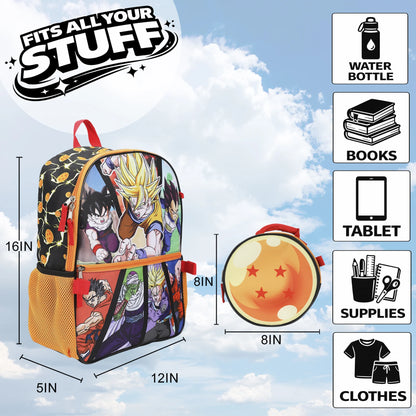 Dragon Ball backpack lunch bag set with dimension markings showing 16in height, 12in width, and 8in depth, alongside a round Dragon Ball container. Features a Dragon Ball Z character print on the main bag, orange mesh side pocket, and a matching orange round bag.