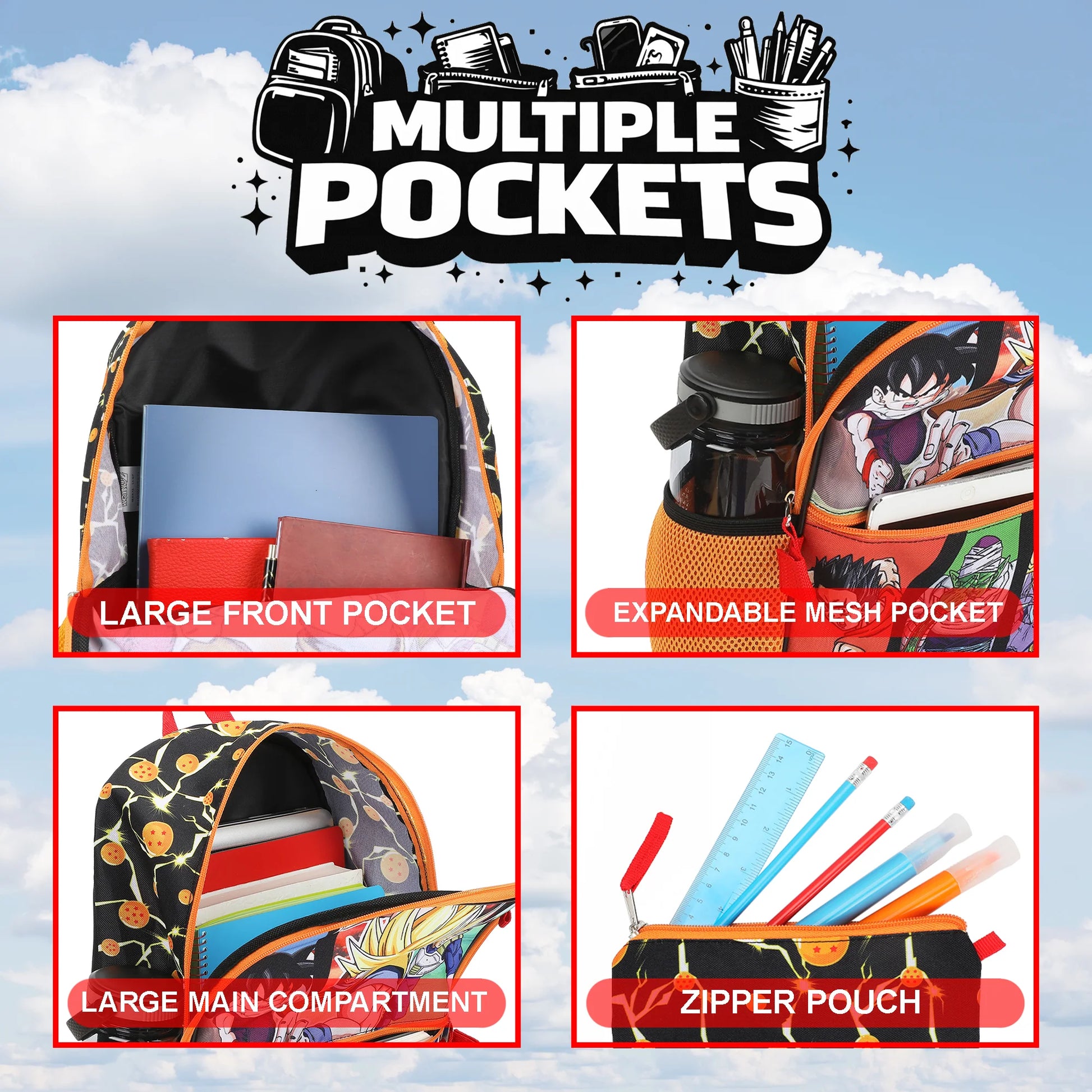 A promotional collage for a backpack with multiple pockets, showing four labeled feature panels: large front pocket, expandable mesh pocket, large main compartment, and zipper pouch. The top has a 'MULTIPLE POCKETS' graphic over a sky background.