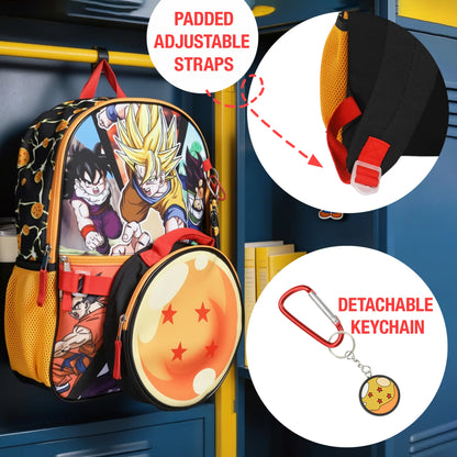 A Dragon Ball backpack and matching round lunch bag hanging on a locker, with two circular callout insets showing padded adjustable straps and a detachable keychain. Text labels describe the features.