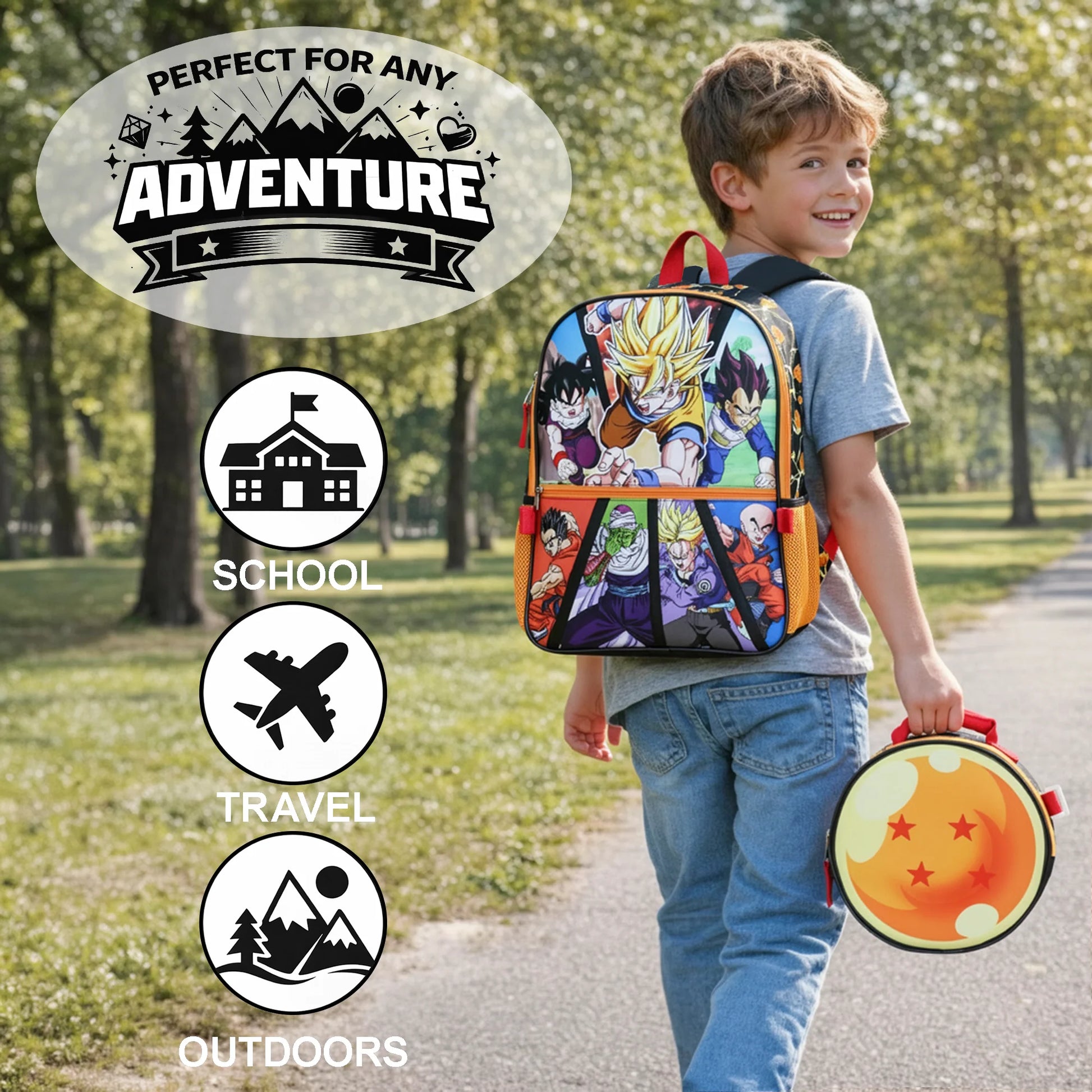 A child walking outdoors on a park path wearing a colorful Dragon Ball backpack and holding a matching Dragon Ball lunch bag. The image includes text reading 'PERFECT FOR ANY ADVENTURE' and icons for school, travel, and outdoors.