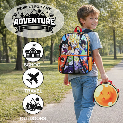 A child walking outdoors on a park path wearing a colorful Dragon Ball backpack and holding a matching Dragon Ball lunch bag. The image includes text reading 'PERFECT FOR ANY ADVENTURE' and icons for school, travel, and outdoors.