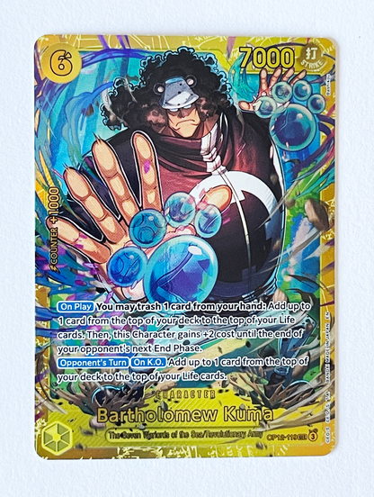 Trading card featuring Bartholomew Kuma - Legacy of the Master (OP12) with blue energy balls on a colorful background