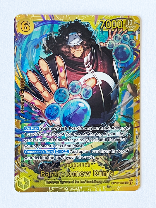 Trading card featuring Bartholomew Kuma - Legacy of the Master (OP12) with blue energy balls on a colorful background