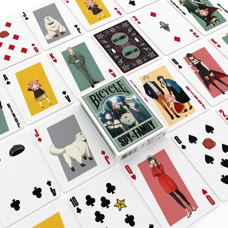 Playing cards with character illustrations and a box labeled 'Bicycle Spy Family' on a white background.