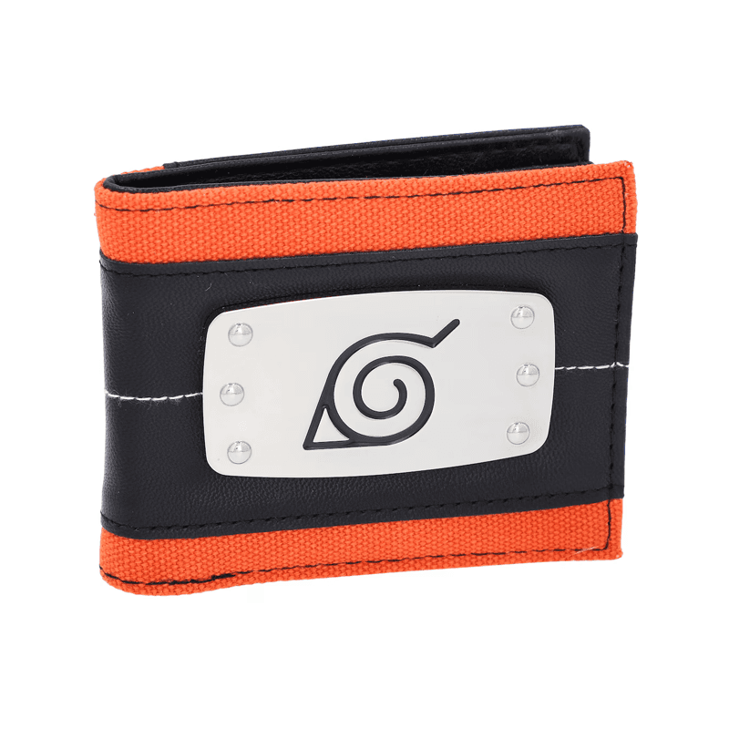 Black and orange Naruto Shippuden Hidden Leaf Village Bi-Fold wallet with a silver emblem featuring a black symbol on a white background