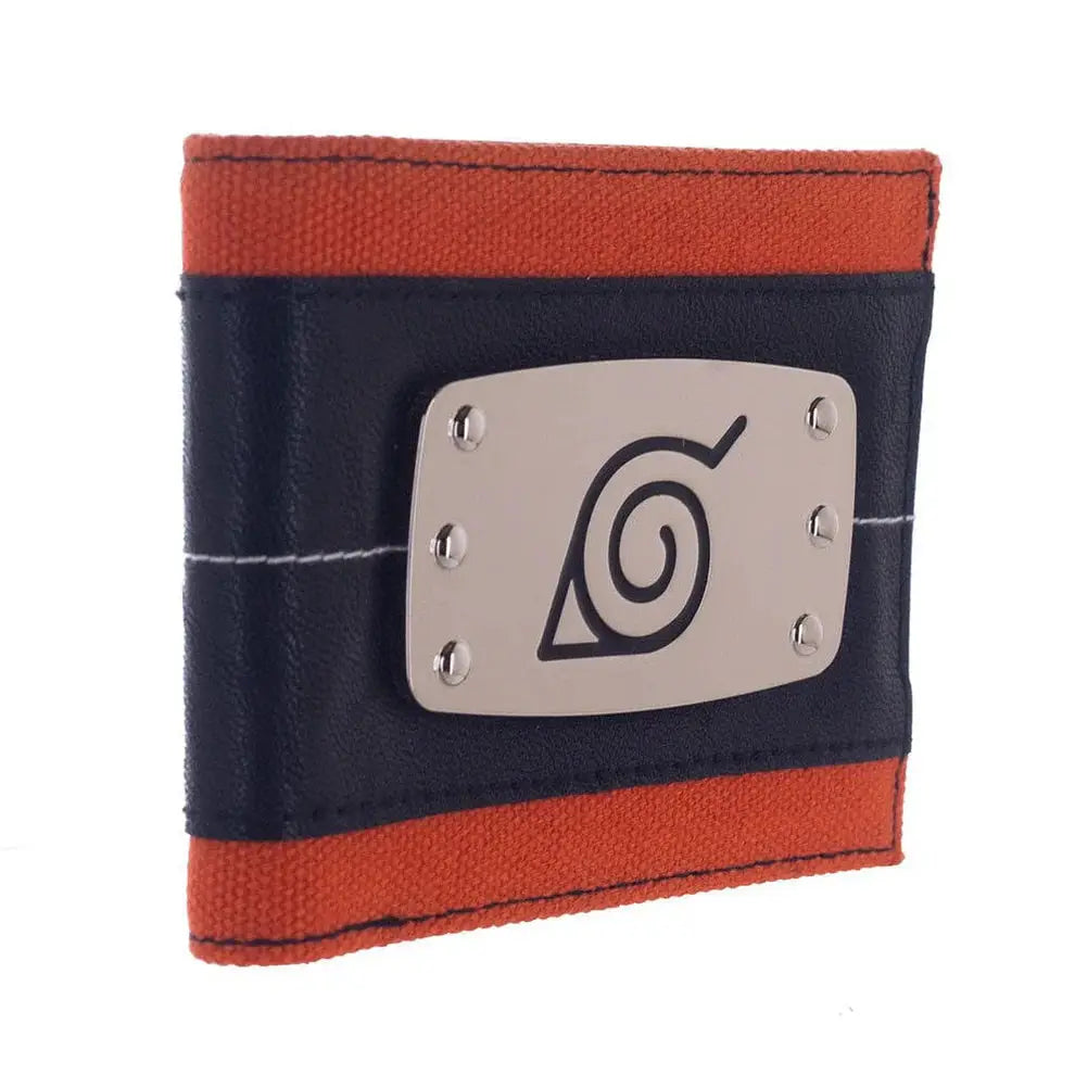 Black and orange Naruto Shippuden Hidden Leaf Village Bi-Fold wallet with a silver emblem featuring a black symbol on a white background
