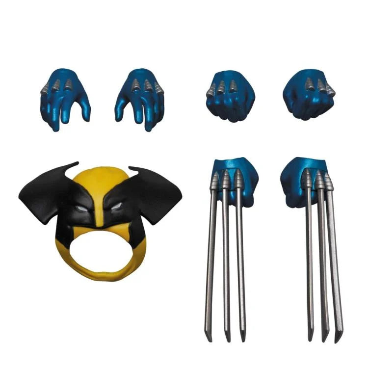 MAFEX No.096 Wolverine X-Men Action Figure in a yellow and blue costume with claws on a white background