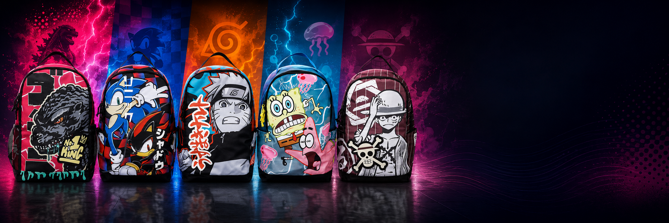 Collection of colorful backpacks with various designs on a dark background