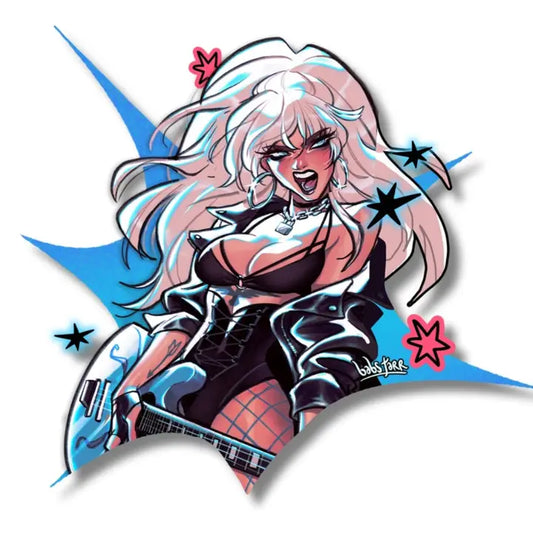 A stylized illustrated Sirens: Love Hurts - Black Canary Sticker by Babs Tarr with long white hair, a black outfit, and a guitar, centered on a white background with blue and pink graphic accents.