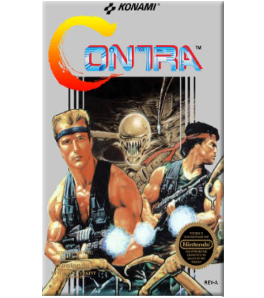 Konami Contra video game cover featuring illustrated characters and the Konami logo at the top, shown against a plain white background.