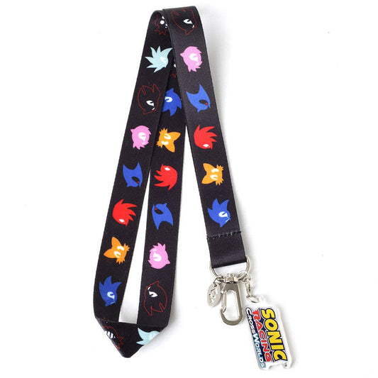 Black lanyard with colorful character designs and Sonic the Hedgehog logo on a white background